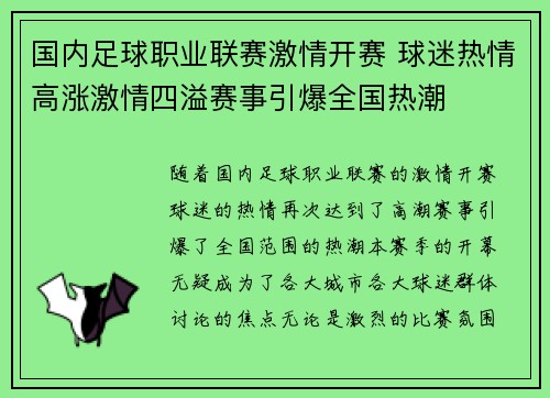 国内足球职业联赛激情开赛 球迷热情高涨激情四溢赛事引爆全国热潮